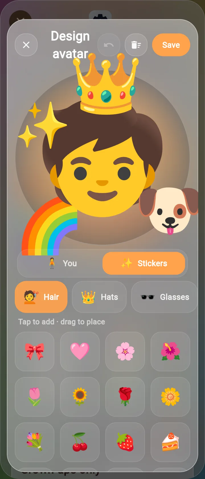 KiddOS avatar designer screen showing a custom child avatar with stickers, hair, hats, and glasses controls.