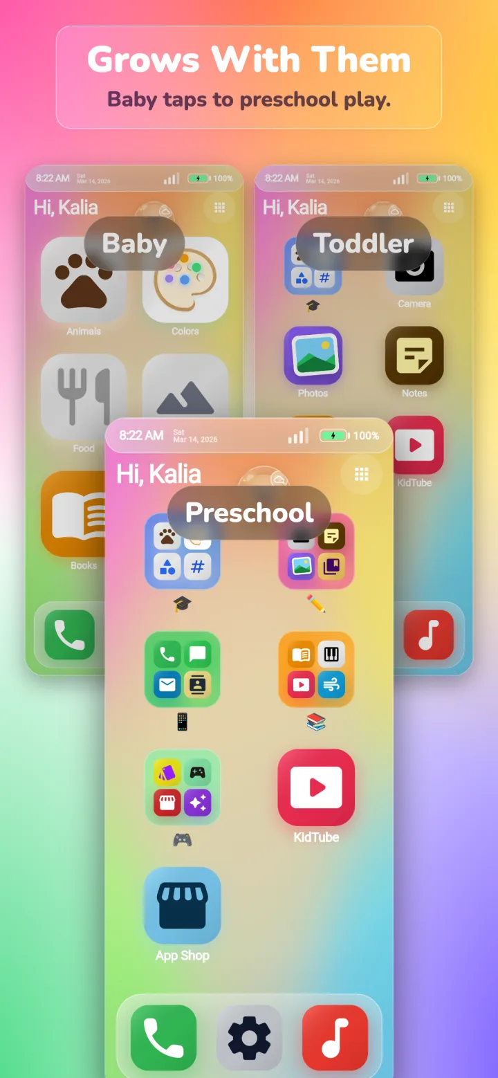KiddOS age modes showing Baby, Toddler, and Preschool layouts.